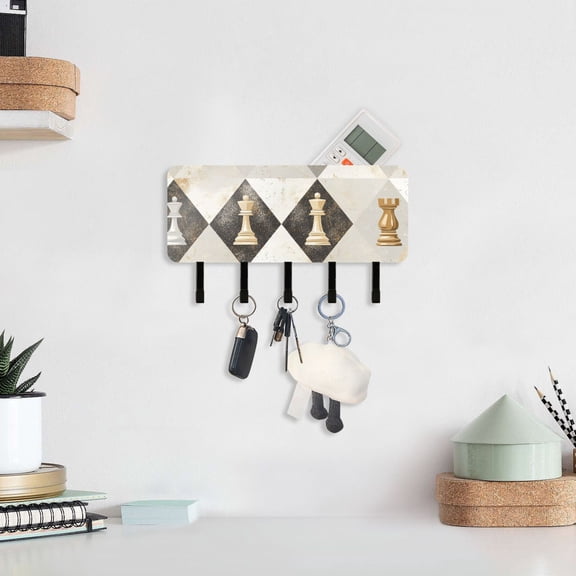 Chess Diamond Key Holder for Wall Mail Holder Organizer with 5 Key Hooks Wall Mount Key Rack with Shelf