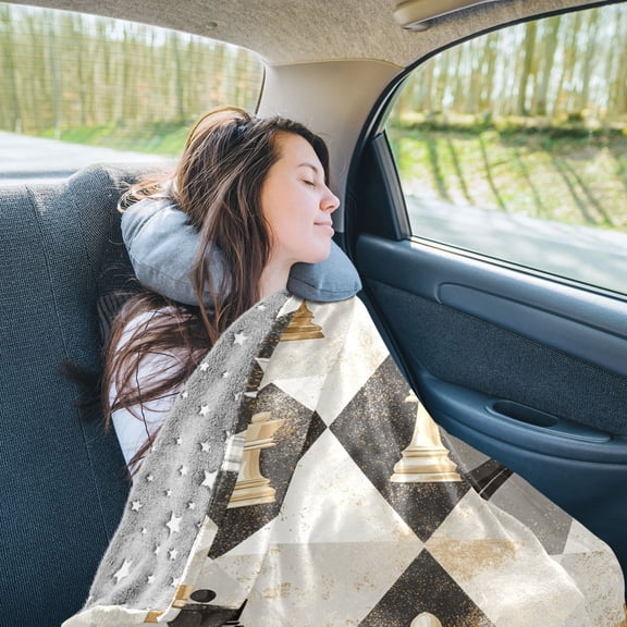 Chess Diamond Travel Blanket Pillow Compact Foldable Airplane Throw Blanket with Trolley Sleeve for Travel Camping