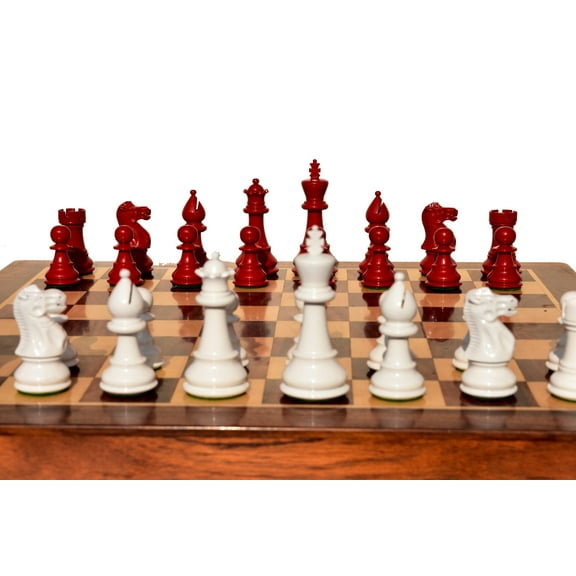 The Chess Empire- Classic Series Exclusive Wood Complete Luxury Chess Set White & Red Lacquered Boxwood 3" King Weighted Chess Pieces with 14" Foldable Luxury Chess Board Chess Set.