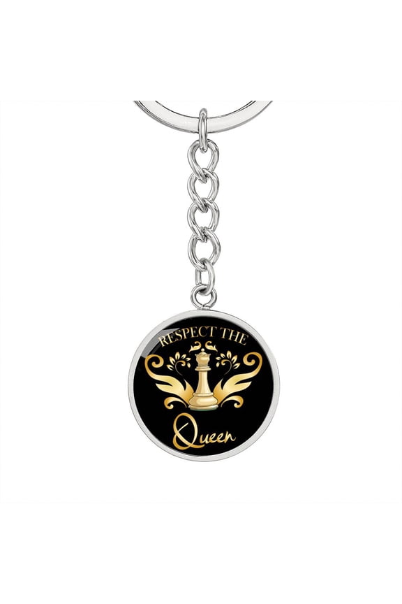Chess Fan Respect The Queen Circle Keychain Stainless Steel Silver Tone or Gold Tone