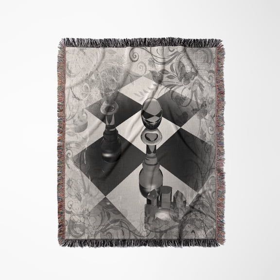 Chess Game Art Black And White With Lacy Frame Look, Woven Blanket
