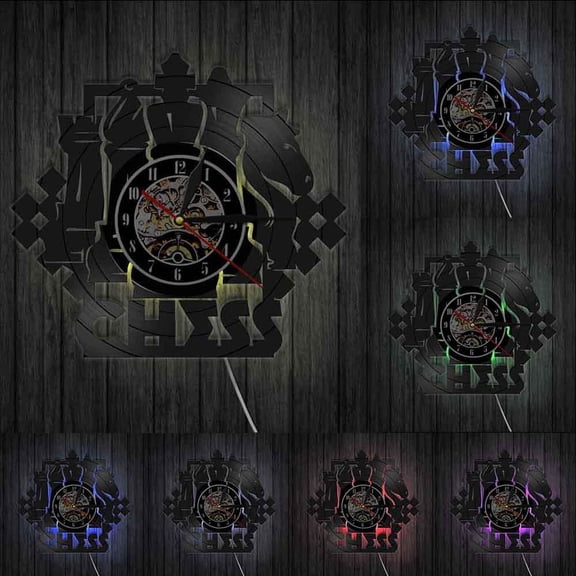 Chess Game Wall Art Wall Clock Chessboard Black Pieces Strategy Player Club Chess Master Vinyl Record Clock Chess Lovers Gift With LED