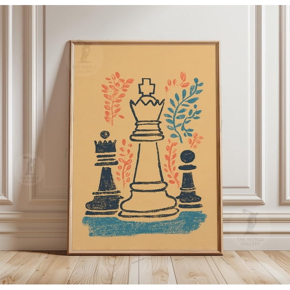 Chess King Folk Art Game Retro Linocut Game Room Wall Decor Unframed Paper Print