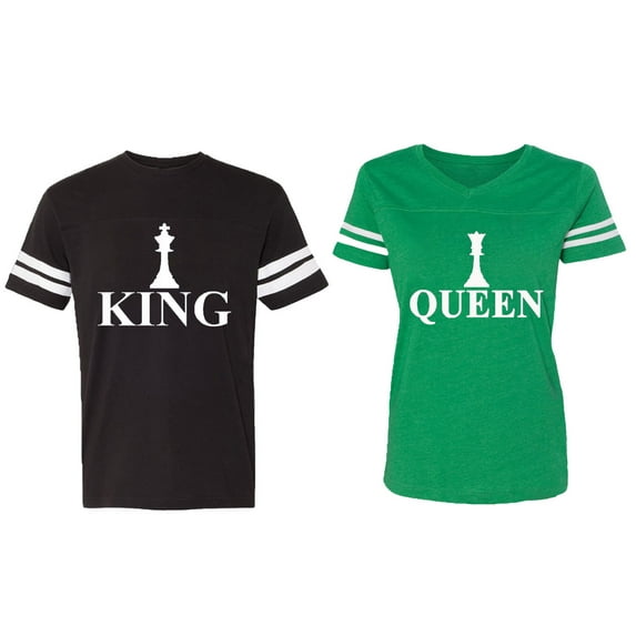 Chess King Queen Matching Couple Cotton Jerseys (Men Black / Women Green) (Men XXL / Women S)