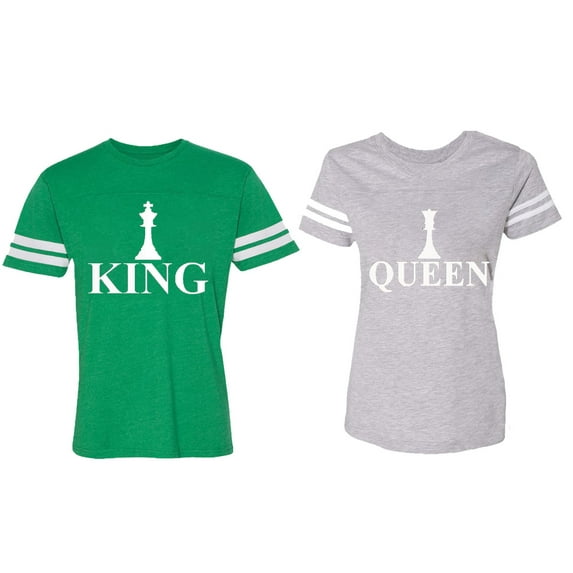 Chess King Queen Matching Couple Cotton Jerseys (Men Green / Women Heather) (Men XXL / Women M)