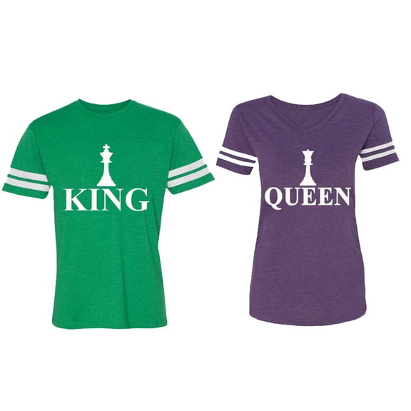 Chess King Queen Matching Couple Cotton Jerseys (Men Green / Women Purple) (Men XXXL / Women XXL)