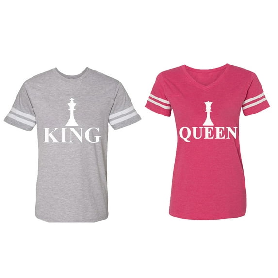Chess King Queen Matching Couple Cotton Jerseys (Men Heather / Women Pink) (Men XL / Women S)