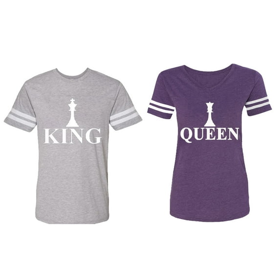 Chess King Queen Matching Couple Cotton Jerseys (Men Heather / Women Purple) (Men XXL / Women XL)