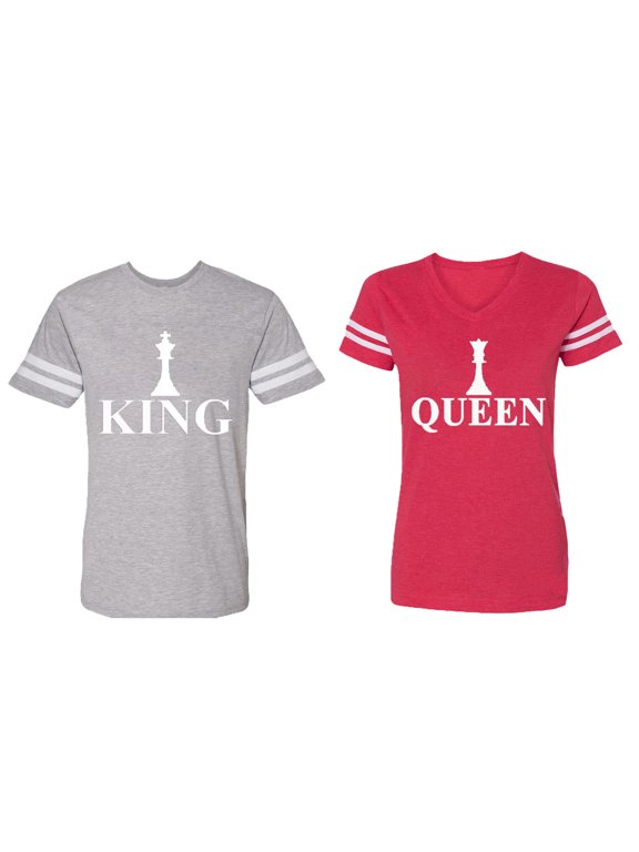 Chess King Queen Matching Couple Cotton Jerseys (Men Heather / Women Red) (Men L / Women L)