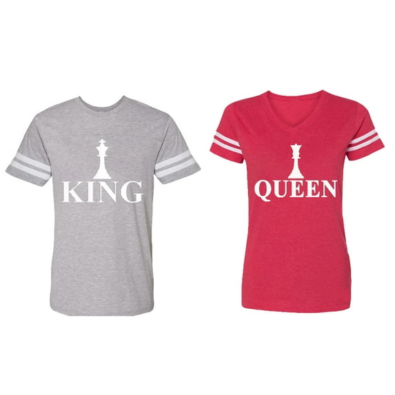 Chess King Queen Matching Couple Cotton Jerseys (Men Heather / Women Red) (Men XXL / Women S)