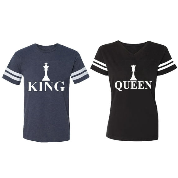 Chess King Queen Matching Couple Cotton Jerseys (Men Navy / Women Black) (Men M / Women S)