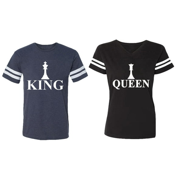 Chess King Queen Matching Couple Cotton Jerseys (Men Navy / Women Black) (Men S / Women S)