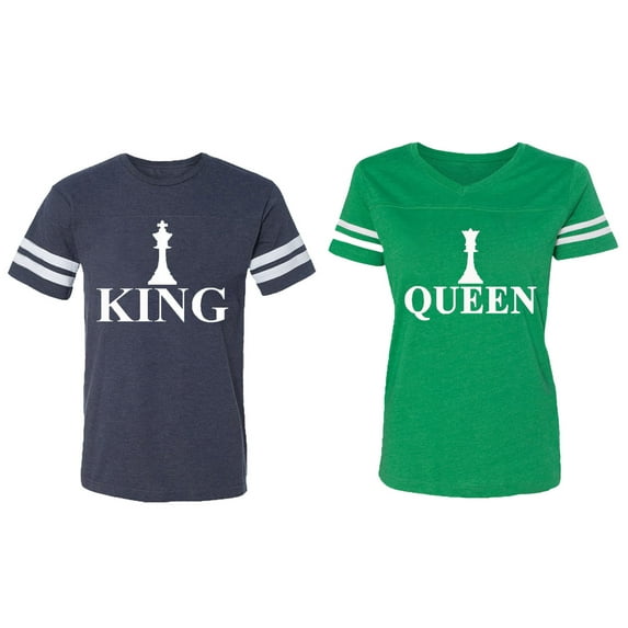 Chess King Queen Matching Couple Cotton Jerseys (Men Navy / Women Green) (Men XL / Women L)