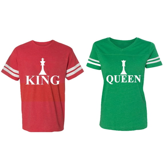 Chess King Queen Matching Couple Cotton Jerseys (Men Red / Women Green) (Men S / Women M)