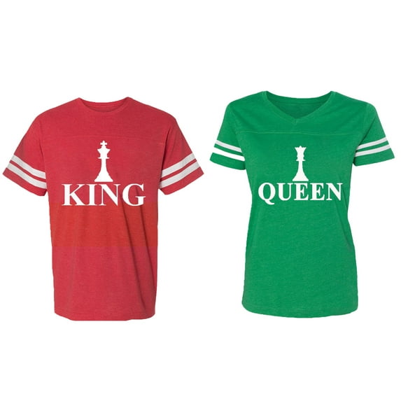 Chess King Queen Matching Couple Cotton Jerseys (Men Red / Women Green) (Men XXXL / Women XXL)