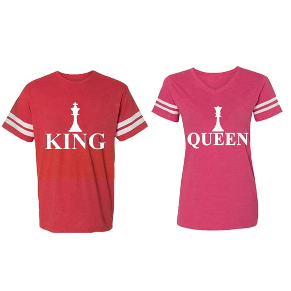Chess King Queen Matching Couple Cotton Jerseys (Men Red / Women Pink) (Men XXL / Women M)