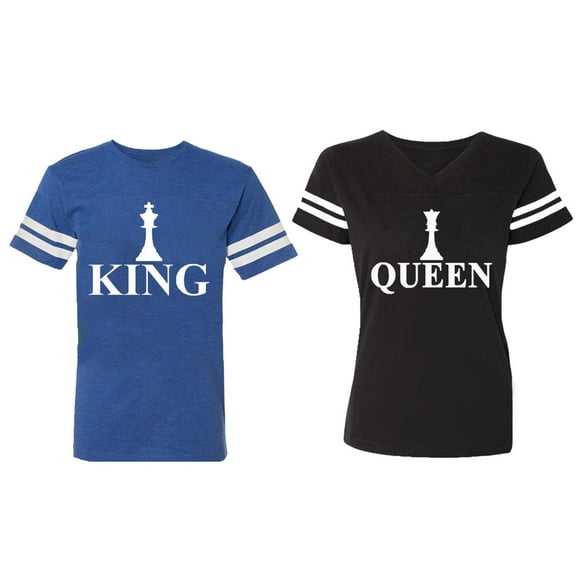 Chess King Queen Matching Couple Cotton Jerseys (Men Royal / Women Black) (Men S / Women S)