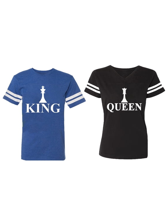Chess King Queen Matching Couple Cotton Jerseys (Men Royal / Women Black) (Men S / Women S)
