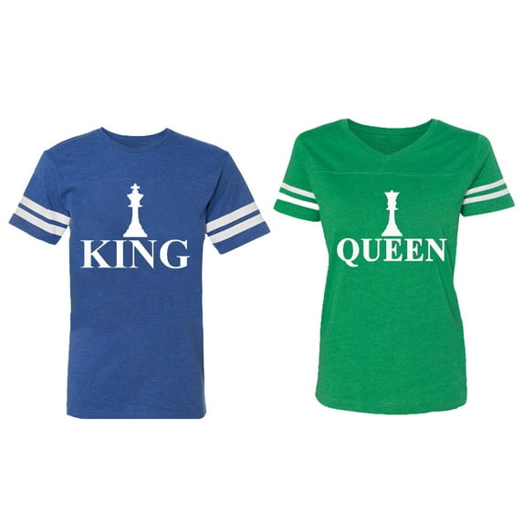 Chess King Queen Matching Couple Cotton Jerseys (Men Royal / Women Green) (Men XXL / Women XXL)