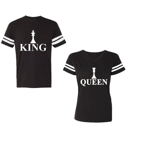 Chess King QueenUnisex Couple Matching Cotton Jersey style T-Shirt Contrasting stripes on sleeves (Men Black / Women Black) (Men S / Women S)