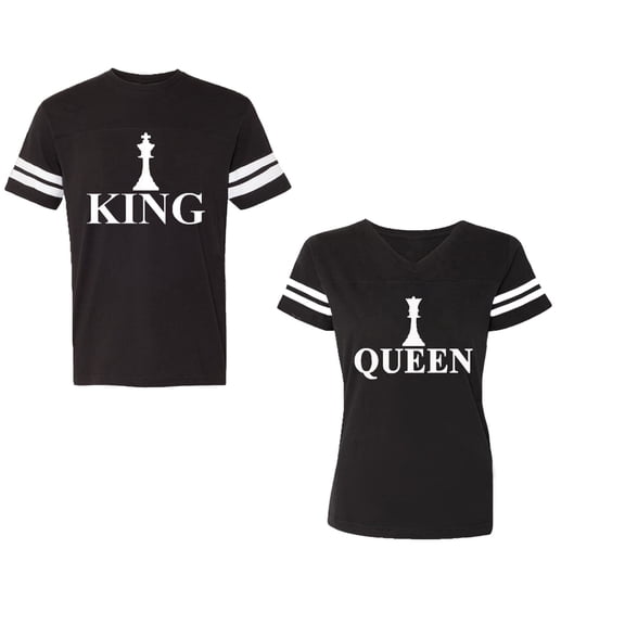 Chess King QueenUnisex Couple Matching Cotton Jersey style T-Shirt Contrasting stripes on sleeves (Men Black / Women Black) (Men S / Women S)