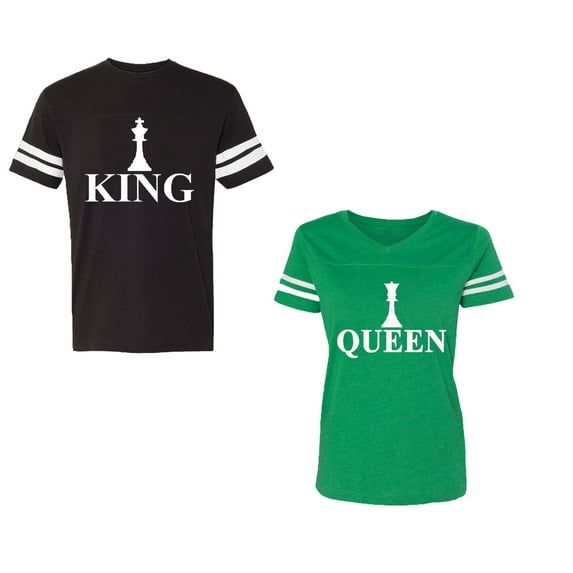 Chess King QueenUnisex Couple Matching Cotton Jersey style T-Shirt Contrasting stripes on sleeves (Men Black / Women Green) (Men M / Women XXL)