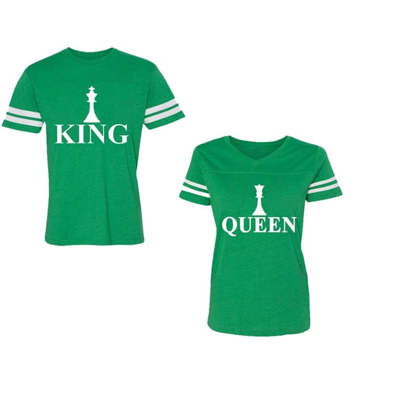 Chess King QueenUnisex Couple Matching Cotton Jersey style T-Shirt Contrasting stripes on sleeves (Men Green / Women Green) (Men S / Women XXL)