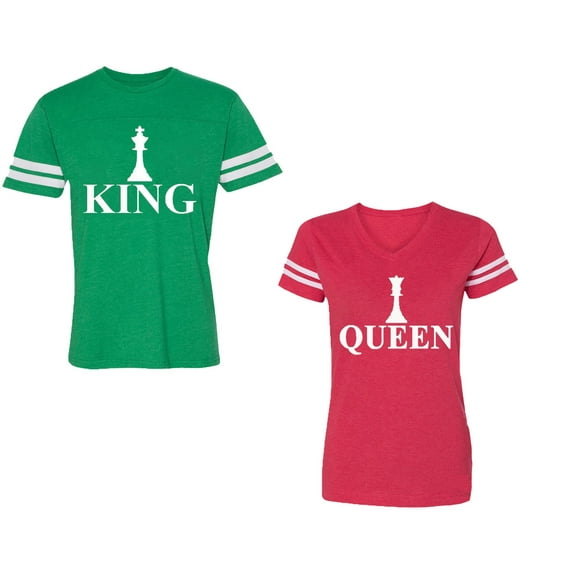 Chess King QueenUnisex Couple Matching Cotton Jersey style T-Shirt Contrasting stripes on sleeves (Men Green / Women Red) (Men XXXL / Women XXL)