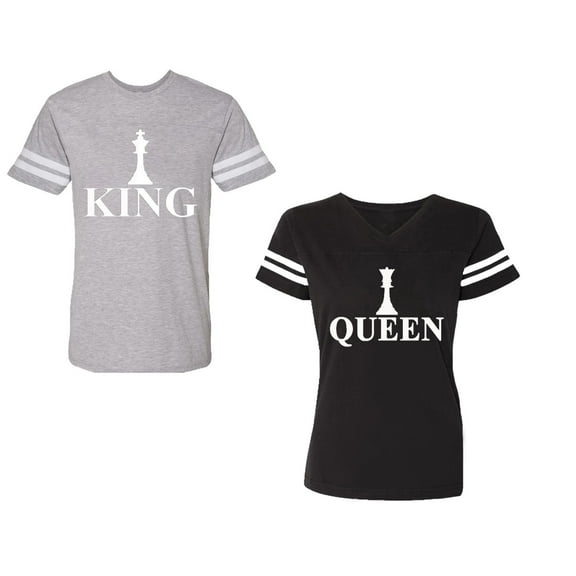 Chess King QueenUnisex Couple Matching Cotton Jersey style T-Shirt Contrasting stripes on sleeves (Men Heather / Women Black) (Men L / Women XXL)