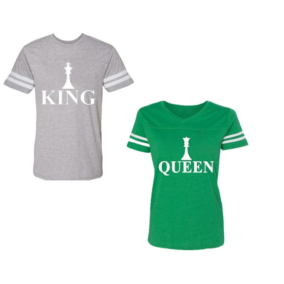 Chess King QueenUnisex Couple Matching Cotton Jersey style T-Shirt Contrasting stripes on sleeves (Men Heather / Women Green) (Men M / Women XL)