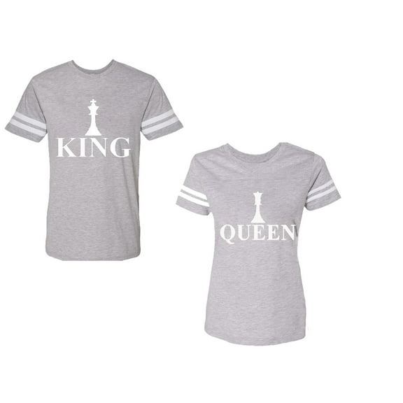 Chess King QueenUnisex Couple Matching Cotton Jersey style T-Shirt Contrasting stripes on sleeves (Men Heather / Women Heather) (Men XXL / Women M)