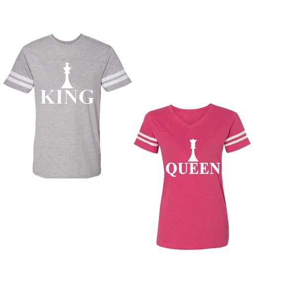 Chess King QueenUnisex Couple Matching Cotton Jersey style T-Shirt Contrasting stripes on sleeves (Men Heather / Women Pink) (Men XXXL / Women XXL)