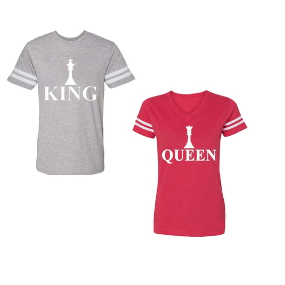 Chess King QueenUnisex Couple Matching Cotton Jersey style T-Shirt Contrasting stripes on sleeves (Men Heather / Women Red) (Men L / Women L)