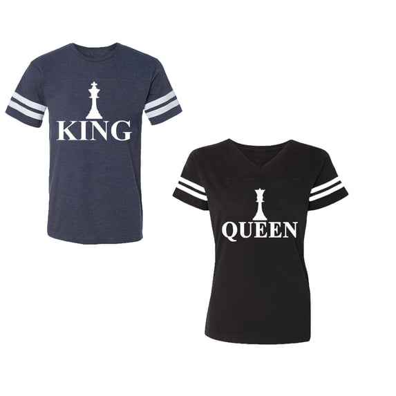 Chess King QueenUnisex Couple Matching Cotton Jersey style T-Shirt Contrasting stripes on sleeves (Men Navy / Women Black) (Men XXL / Women S)