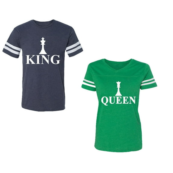 Chess King QueenUnisex Couple Matching Cotton Jersey style T-Shirt Contrasting stripes on sleeves (Men Navy / Women Green) (Men L / Women XL)