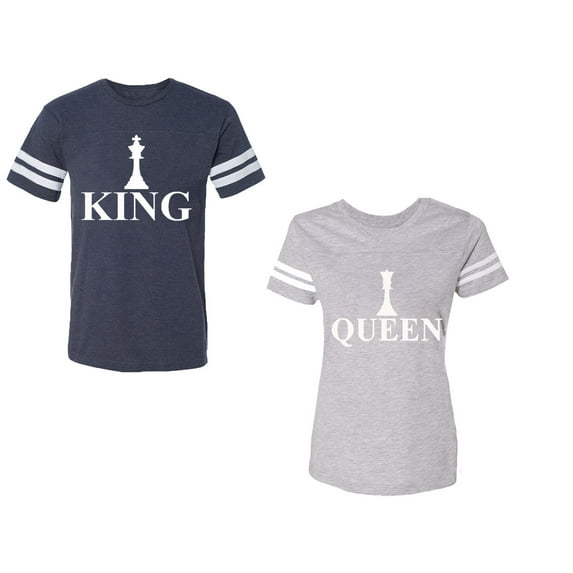 Chess King QueenUnisex Couple Matching Cotton Jersey style T-Shirt Contrasting stripes on sleeves (Men Navy / Women Heather) (Men XXL / Women M)