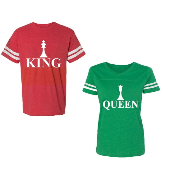 Chess King QueenUnisex Couple Matching Cotton Jersey style T-Shirt Contrasting stripes on sleeves (Men Red / Women Green) (Men L / Women L)