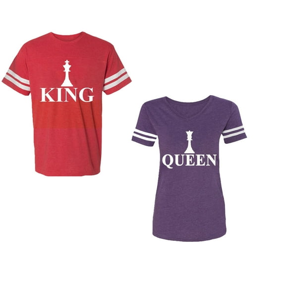Chess King QueenUnisex Couple Matching Cotton Jersey style T-Shirt Contrasting stripes on sleeves (Men Red / Women Purple) (Men XL / Women XXL)