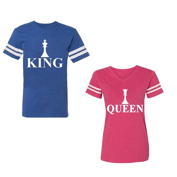 Chess King QueenUnisex Couple Matching Cotton Jersey style T-Shirt Contrasting stripes on sleeves (Men Royal / Women Pink) (Men S / Women XXL)