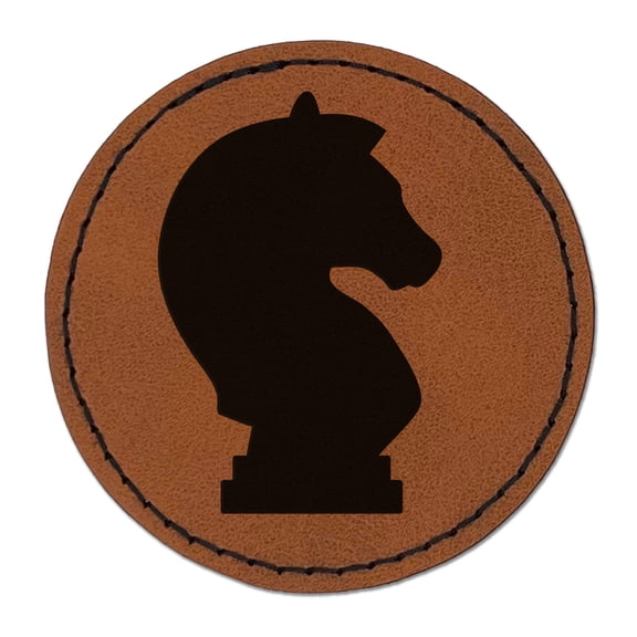 Chess Knight Piece 2.5" Faux Leather Round Engraved Iron-On Patch - Brown