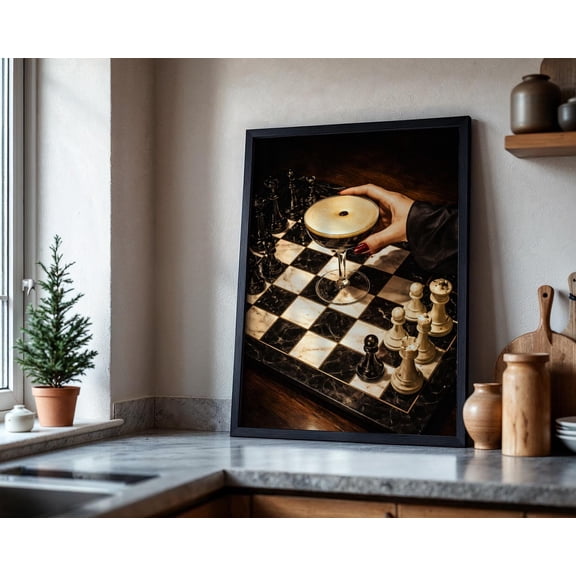 Chess Martini Print:, Moody Game Room Printable, Cocktail Wall Art, Poster Only
