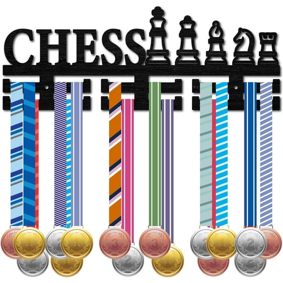 Chess Medal Hanger Medal Holder Display Sports Competition Rack Wall Mount Wooden Medal Frame with Hooks Organizer for Hanging Over 30 Medals Ribbons Chess Player Medalist 15.7 x 5.9Inch