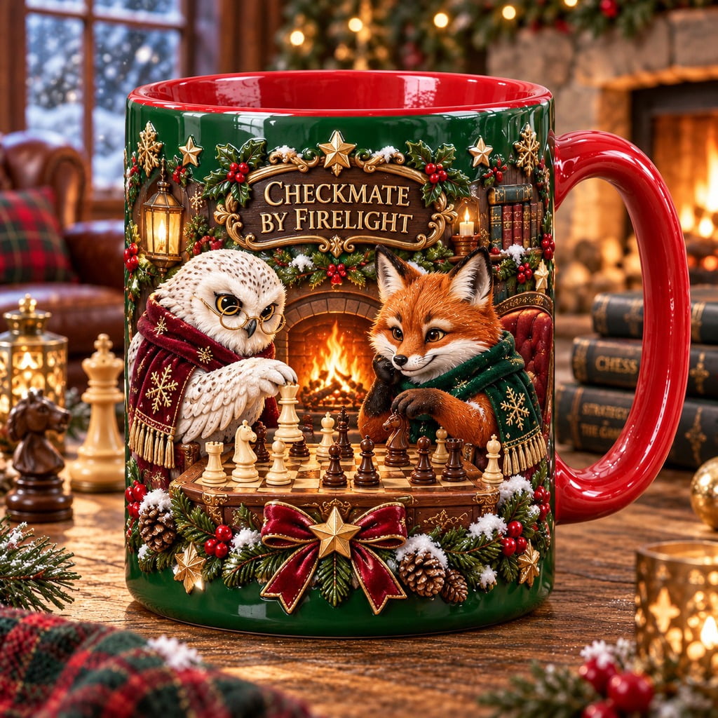 Chess.com Customize Chess Mug, Checkmate by Firelight Owl and Fox, Holiday Coffee Break ...
