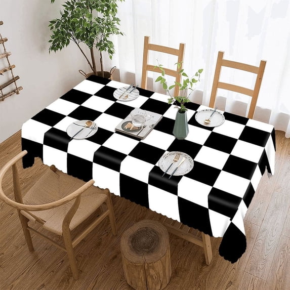 Chess Pattern Black And White Checkered Rectangular Tablecloth 55"x70" with Lace Edge, Washable Durable Table Cover for Dining, Indoor Outdoor Home Restaurant Decor