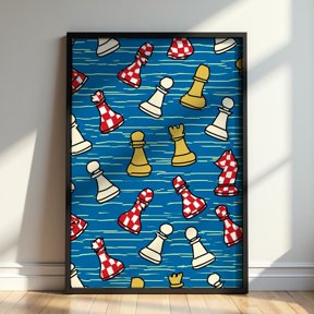 Chess Pattern Red Pawns Crowns Blue Stripe Wall Art Print, Poster Only