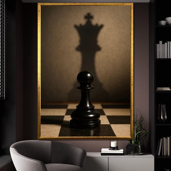 Chess Pawn Shadow Queen Canvas Painting – Motivational Wall Art, Ready To Hang, Gift For Office Or Him, Black Modern Decor, Unframed Poster Size 16x24