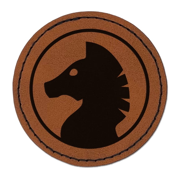 Chess Piece Black Knight 2.5" Faux Leather Round Engraved Iron-On Patch - Brown