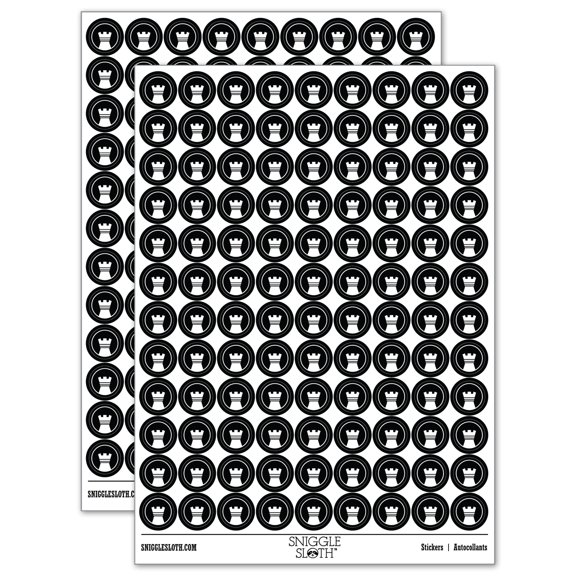 Chess Piece Black Rook 200+ Round Stickers - Black - Gloss Finish - 0.50" Size