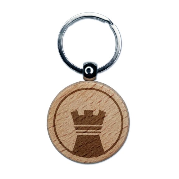 Chess Piece Black Rook Round Keychain Charm Tag - Engraved Wood