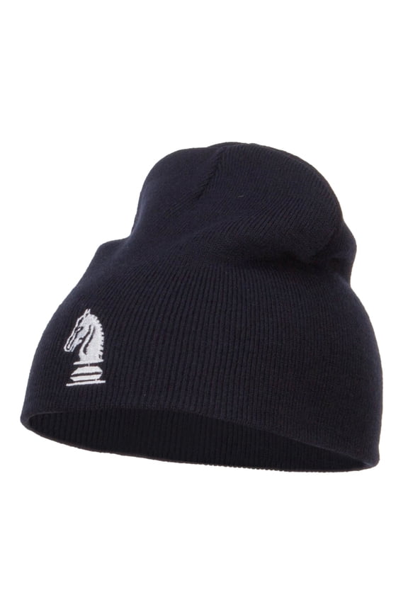 Chess Piece Kight Embroidered Short Beanie - Navy OSFM